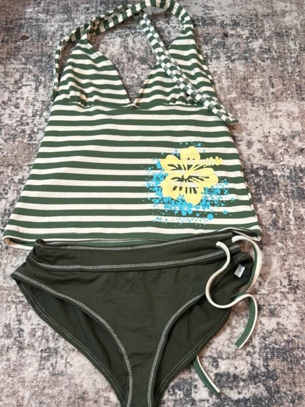 Y2K Green Striped Halter Tankini Bikini Set S